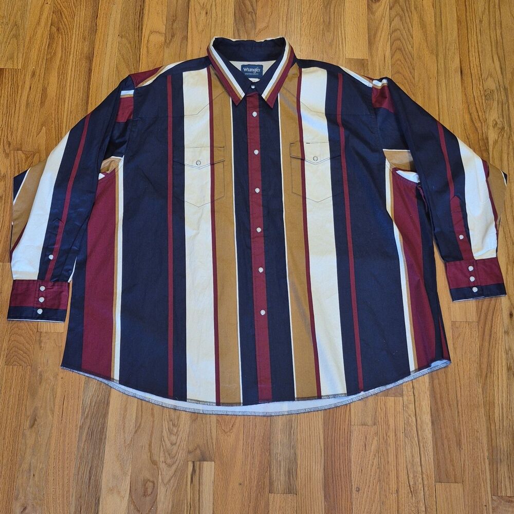 Vintage Wrangler Brushpopper Style Navy Striped Western Snap Shirt Men's 4XL